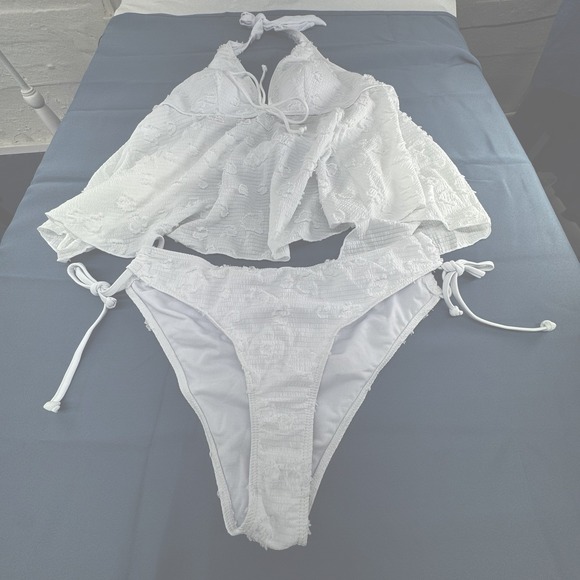 SHEIN Other - Sheer Two Piece Swim Suit White Gauze Textured Open Back New SHEIN   Large